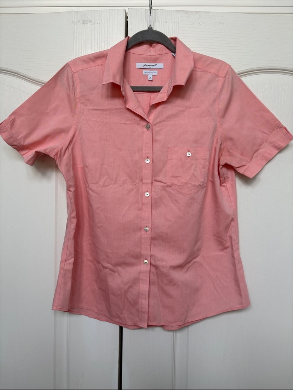 Foxcroft Coral-Pink Short Sleeve Button Down Blouse
